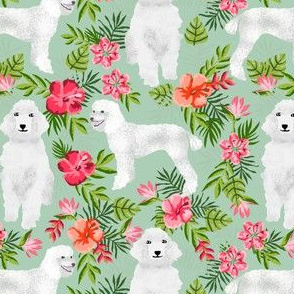 poodle fabric white poodle design hawaiian tropical design - mint