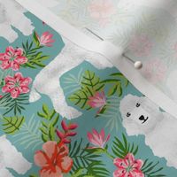 poodle fabric white poodle design hawaiian tropical design - light blue