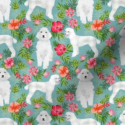 poodle fabric white poodle design hawaiian tropical design - light blue