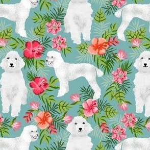 poodle fabric white poodle design hawaiian tropical design - light blue
