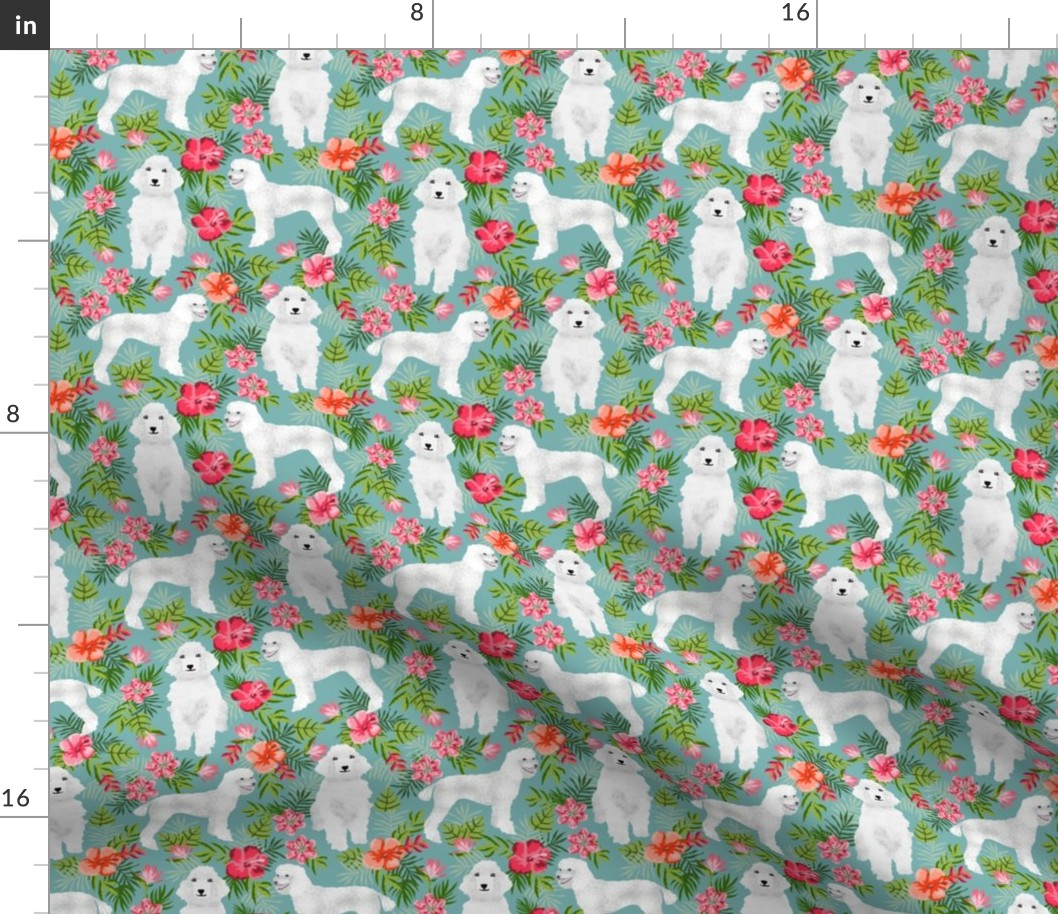 poodle fabric white poodle design hawaiian tropical design - light blue