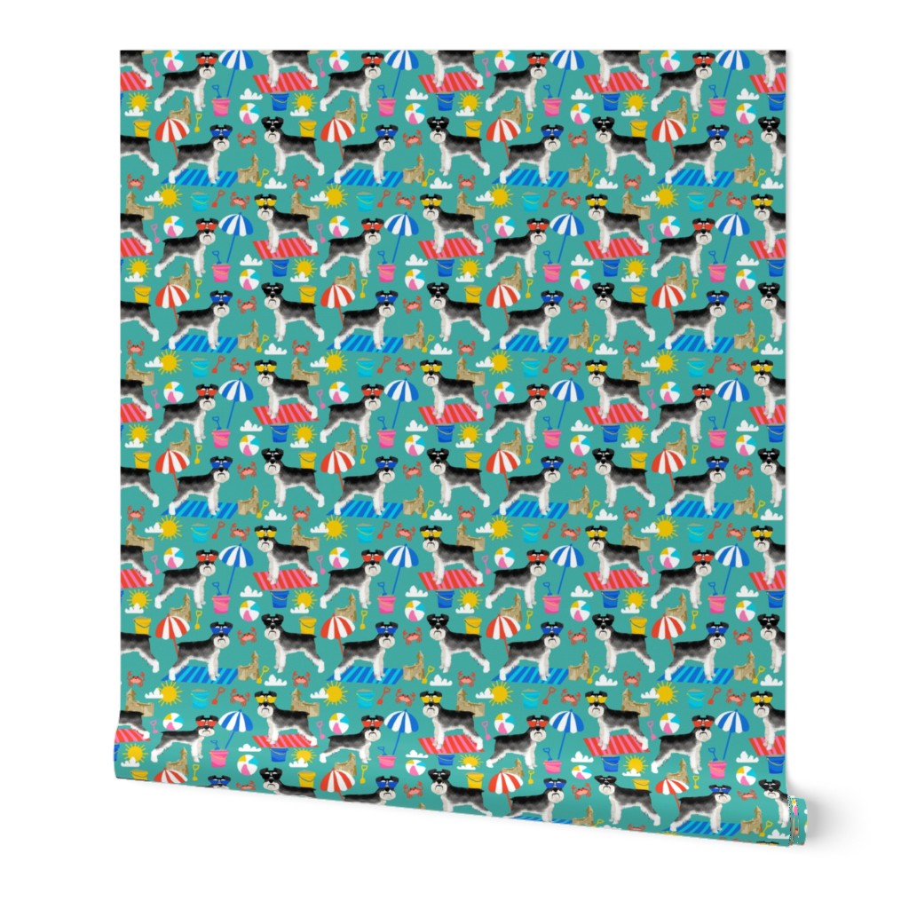 schnauzer summer sandcastles design summer dog fabric - turquoise