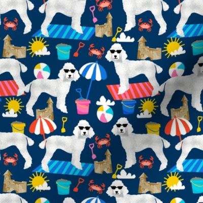 white poodle fabric sandcastles summer design beach fabric - navy