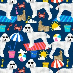 white poodle fabric sandcastles summer design beach fabric - navy