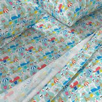 white poodle fabric sandcastles summer design beach fabric - light blue