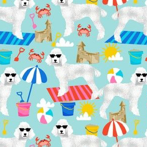 white poodle fabric sandcastles summer design beach fabric - light blue