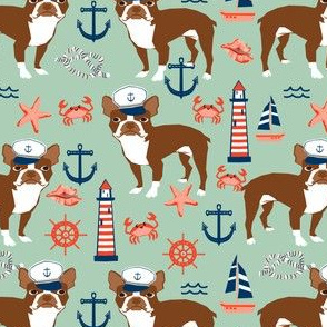 boston terrier nautical summer fabric anchors lighthouses sailors fabric - mint