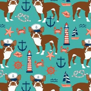 boston terrier nautical summer fabric anchors lighthouses sailors fabric - turquoise