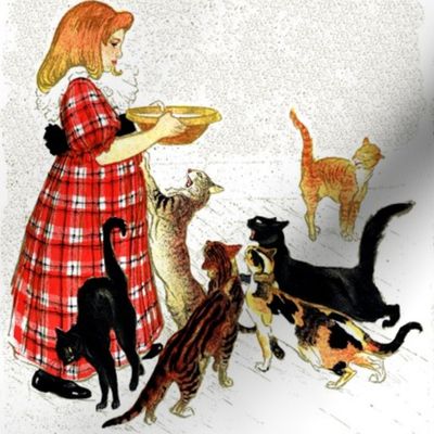 cats children girls food meals lunch dinner breakfast milk bowls  hungry animals checkered chequer vintage retro kitsch whimsical