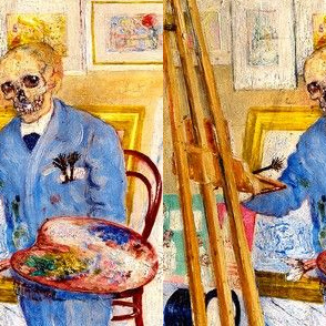 skulls skeletons artists easels palettes chairs paintbrushes morbid spooky macabre vintage painting