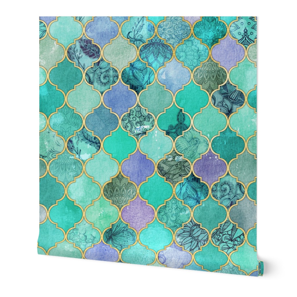 Pale Mint & Lilac Decorative Moroccan Tiles with Gold Edges tiny version