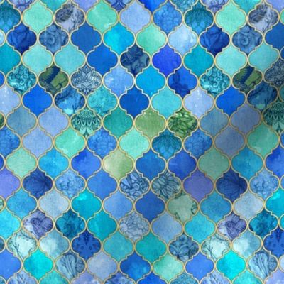 Cobalt Blue and Aqua Decorative Moroccan with Gold Tiny Print