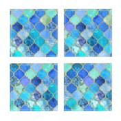 Cobalt Blue and Aqua Decorative Moroccan Tiles with Gold