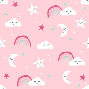 moon and stars fabric pink and rainbows - pink