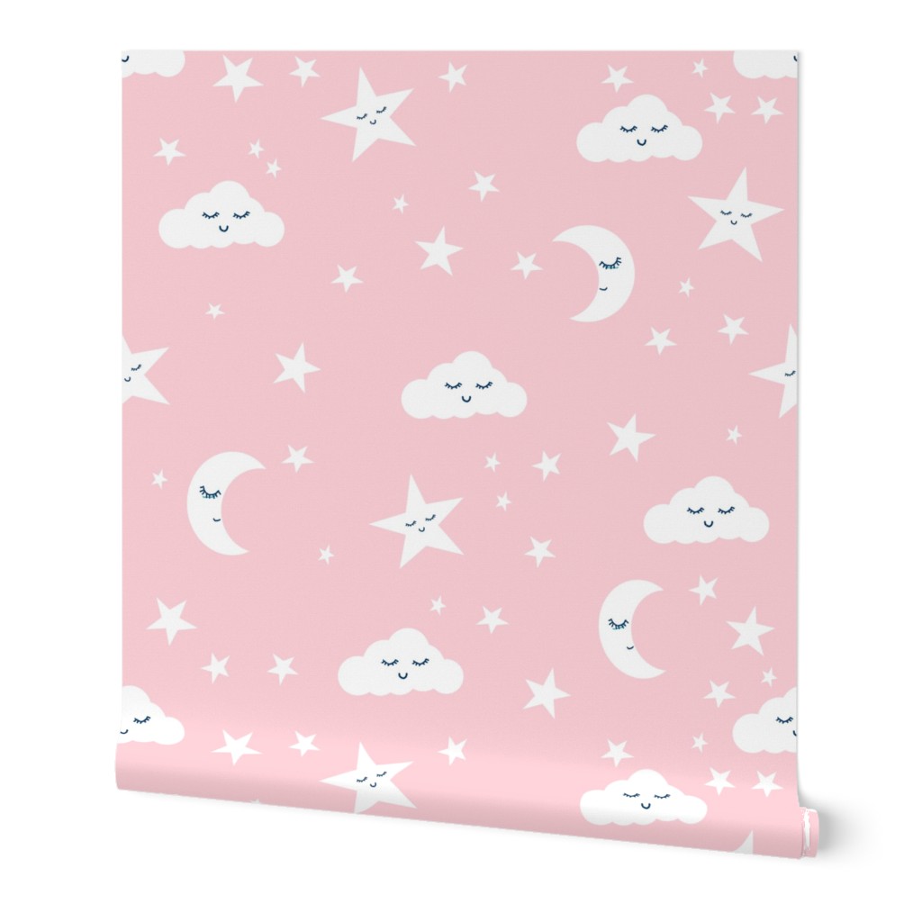 moon and stars fabric nursery baby design - pastel pink