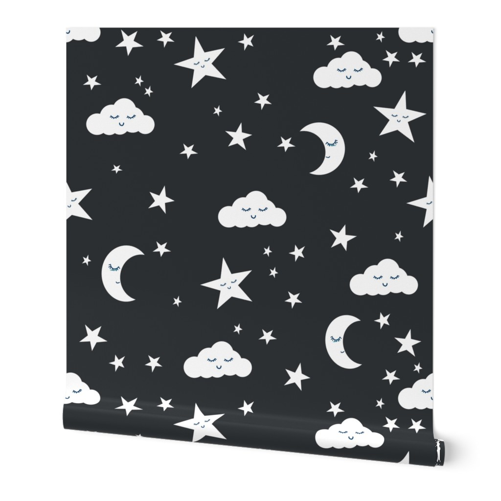 moon and stars fabric sweet baby nursery fabric - charcoal