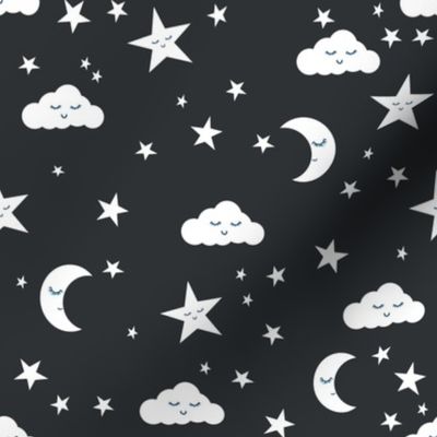 moon and stars fabric sweet baby nursery fabric - charcoal