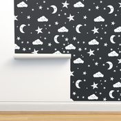 moon and stars fabric sweet baby nursery fabric - charcoal