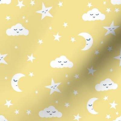 moon and stars fabric sweet baby nursery fabric - pastel yellow