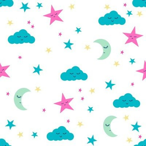 moon and stars fabric sweet baby nursery fabric -turquoise, pink and yellow