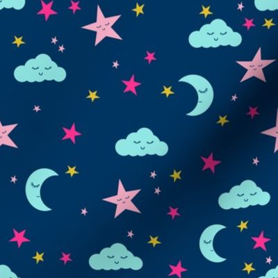 moon and stars fabric sweet baby nursery fabric - navy and brights