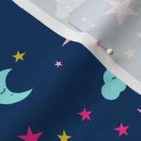 moon and stars fabric sweet baby nursery fabric - navy and brights