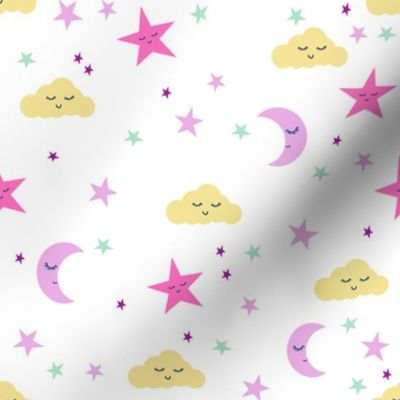 moon and stars fabric sweet baby nursery fabric - purple, pink,  yellow