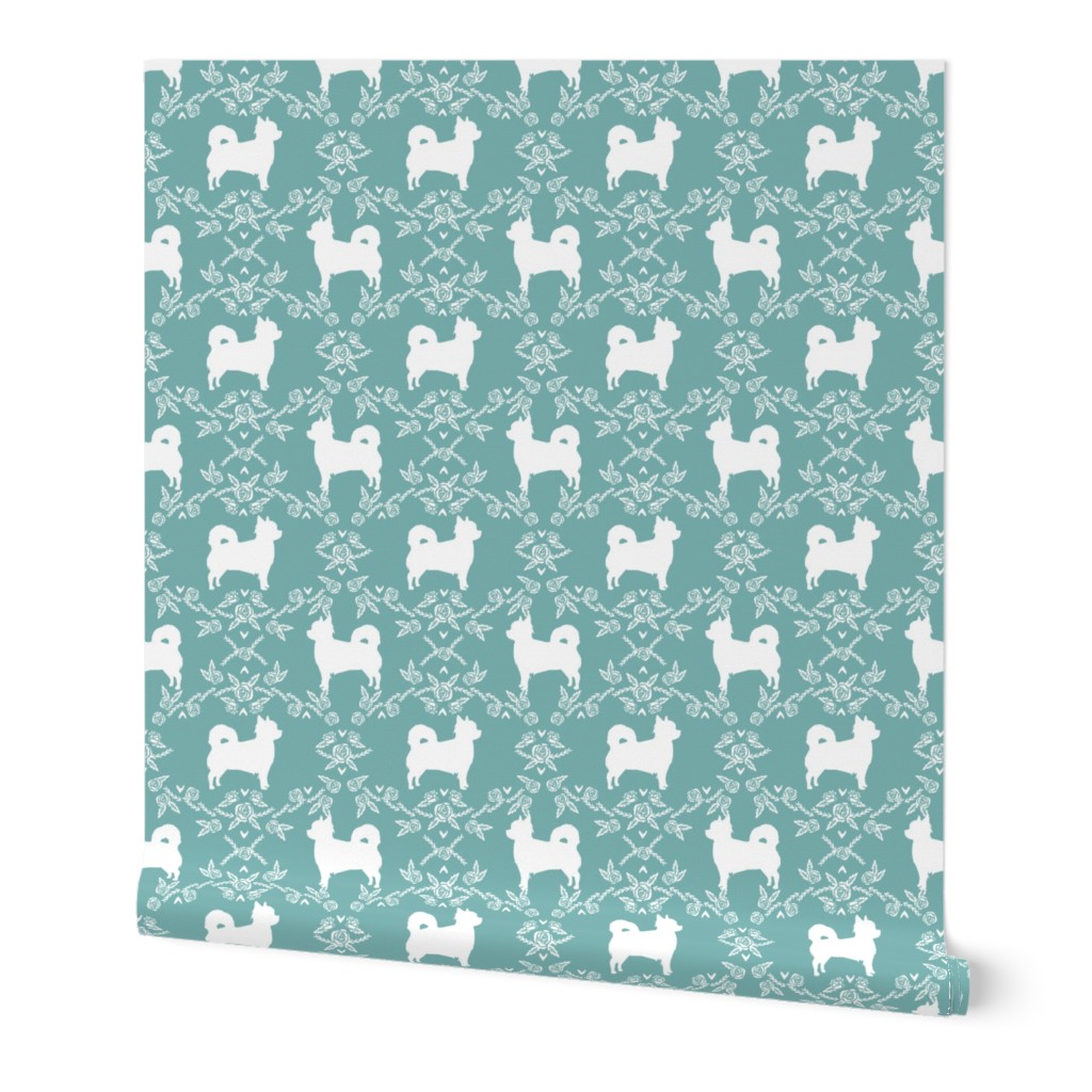 Chihuahua long haired silhouette floral dog pattern gulf blue
