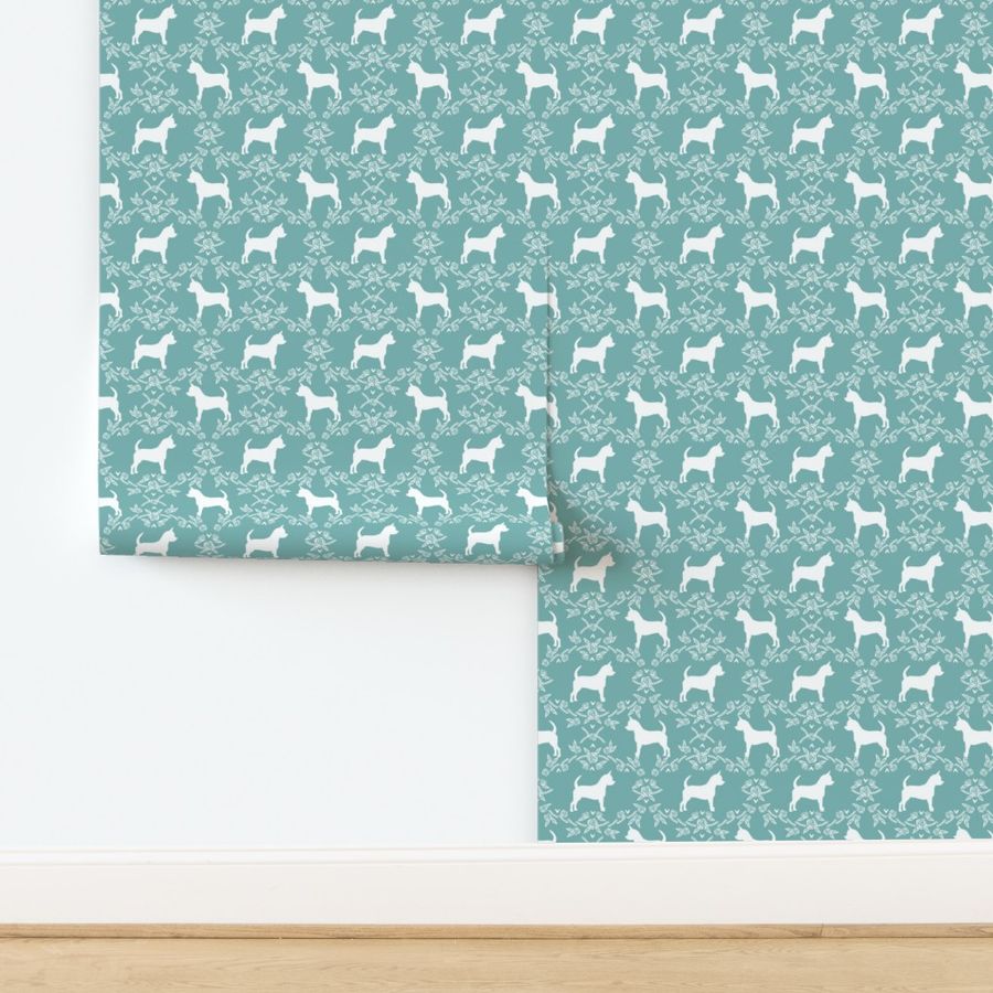 Chihuahua florals silhouette dog fabric pattern gulf blue