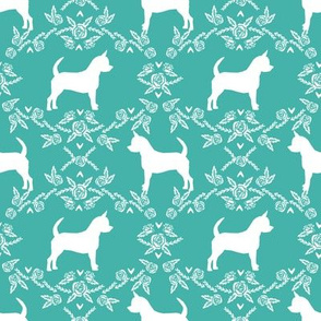 Chihuahua florals silhouette dog fabric pattern turquoise
