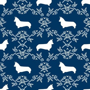 corgi dog breed silhouette florals navy