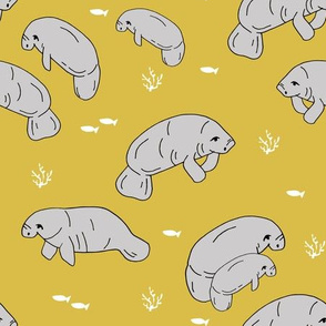 manatee fabric // manatees dugong animals design andrea lauren fabric - mustard