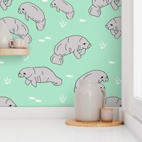 manatee fabric // manatees dugong animals design andrea lauren fabric - mint