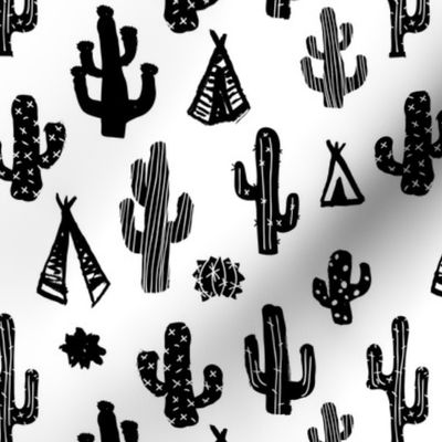 Black and white botanical cactus garden raw brush print 