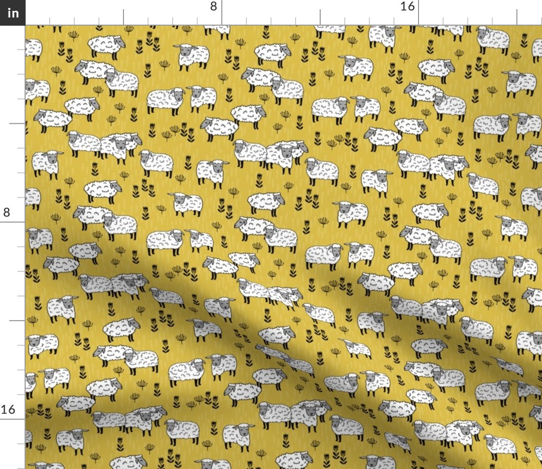 sheep fabric // field of sheep wool animals farms animals - mustard