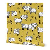 sheep fabric // field of sheep wool animals farms animals - mustard