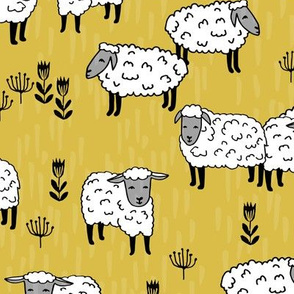 sheep fabric // field of sheep wool animals farms animals - mustard