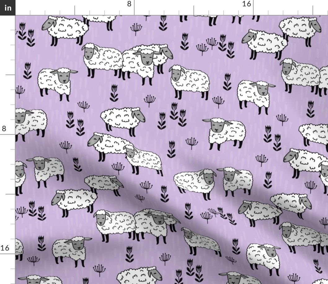 sheep fabric // field of sheep wool animals farms animals - pastel purple