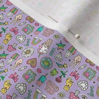Patches Stickers 90's Doodle Unicorn Ice Cream, Rainbow, Hearts, Stars, Gemstones, Love and Flowers on Purple Tiny Small