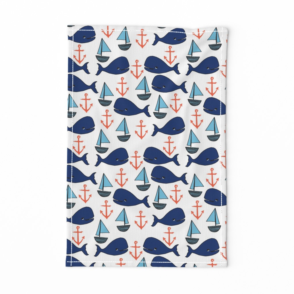 nautical whales fabric // whales, sailboats, anchors baby nursery design navy and orange fabric by andrea lauren