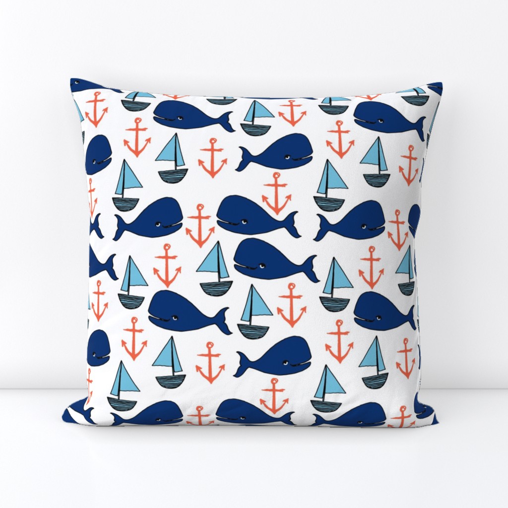 nautical whales fabric // whales, sailboats, anchors baby nursery design navy and orange fabric by andrea lauren