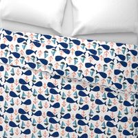 nautical whales fabric // whales, sailboats, anchors baby nursery design navy and orange fabric by andrea lauren