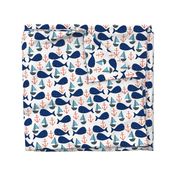 nautical whales fabric // whales, sailboats, anchors baby nursery design navy and orange fabric by andrea lauren