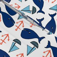 nautical whales fabric // whales, sailboats, anchors baby nursery design navy and orange fabric by andrea lauren