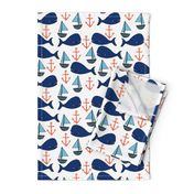 nautical whales fabric // whales, sailboats, anchors baby nursery design navy and orange fabric by andrea lauren