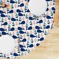 nautical whales fabric // whales, sailboats, anchors baby nursery design navy and orange fabric by andrea lauren