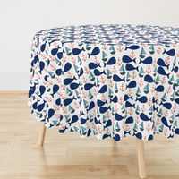 nautical whales fabric // whales, sailboats, anchors baby nursery design navy and orange fabric by andrea lauren