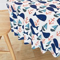 nautical whales fabric // whales, sailboats, anchors baby nursery design navy and orange fabric by andrea lauren