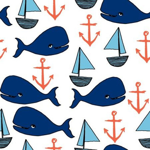 nautical whales fabric // whales, sailboats, anchors baby nursery design navy and orange fabric by andrea lauren