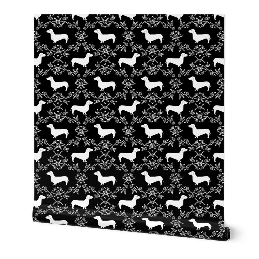 Dachshund floral dog silhouette dog breed fabric black